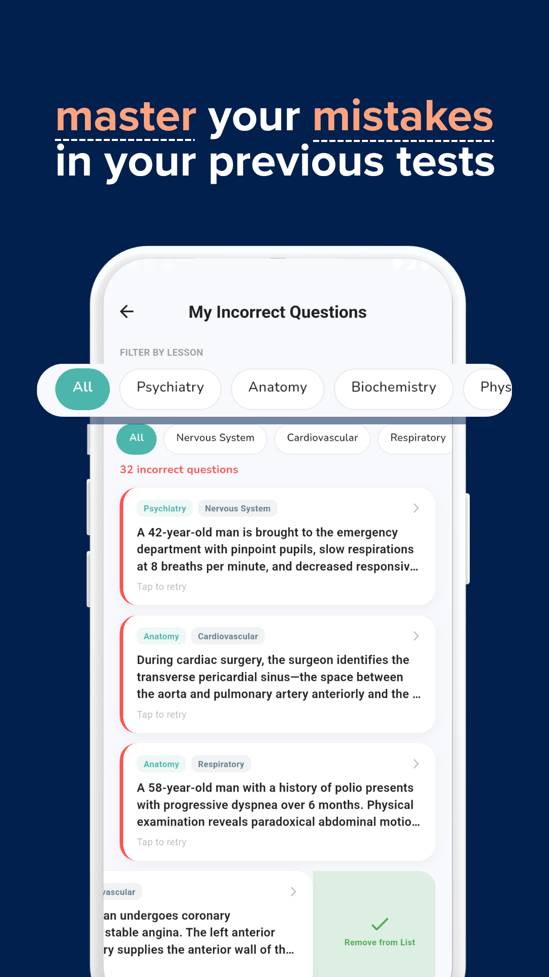 Incorrect questions review screen